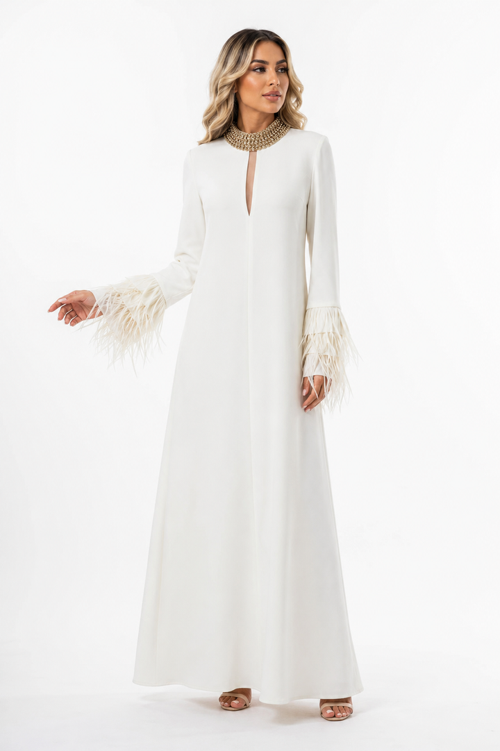 Embellished Collar Feather Sleeve Maxi Dress - Classic