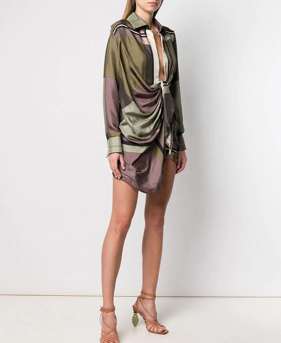 geometric print draped shirt dress with twisted front - ZARADY