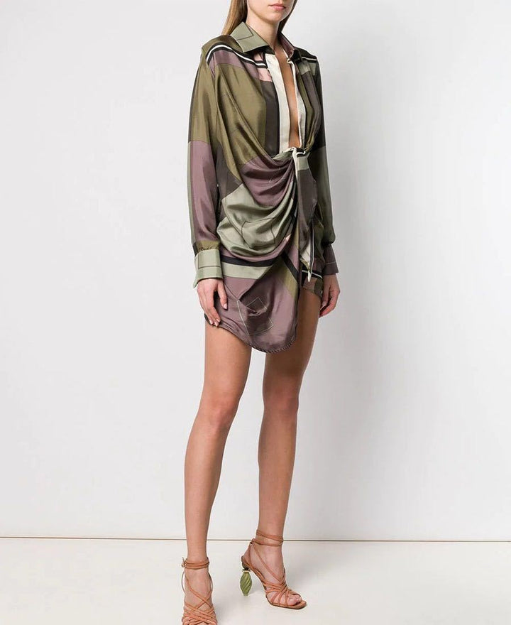 geometric print draped shirt dress with twisted front - ZARADY