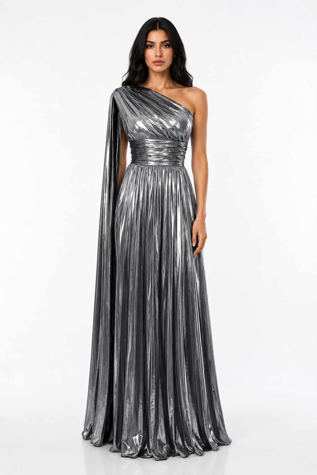 One-Shoulder Metallic Pleated Evening Gown - Radiance