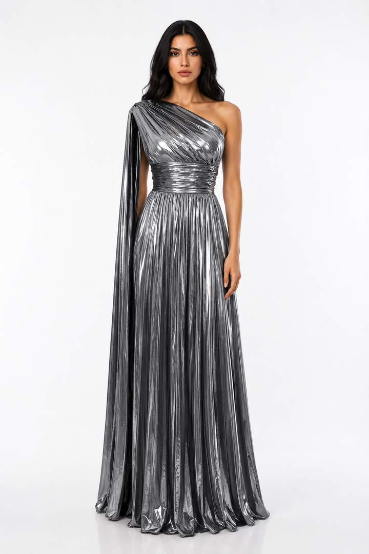 One-Shoulder Metallic Pleated Evening Gown - Radiance