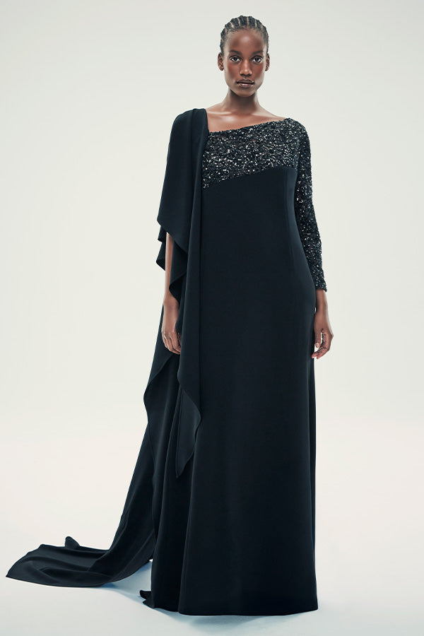 sequin-paneled gown with draped asymmetric cape – ELYANA