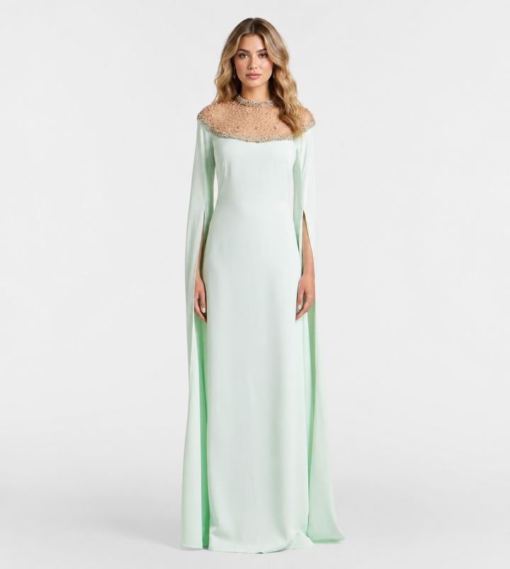 Mint Crystal Cape Evening Gown - Celestine