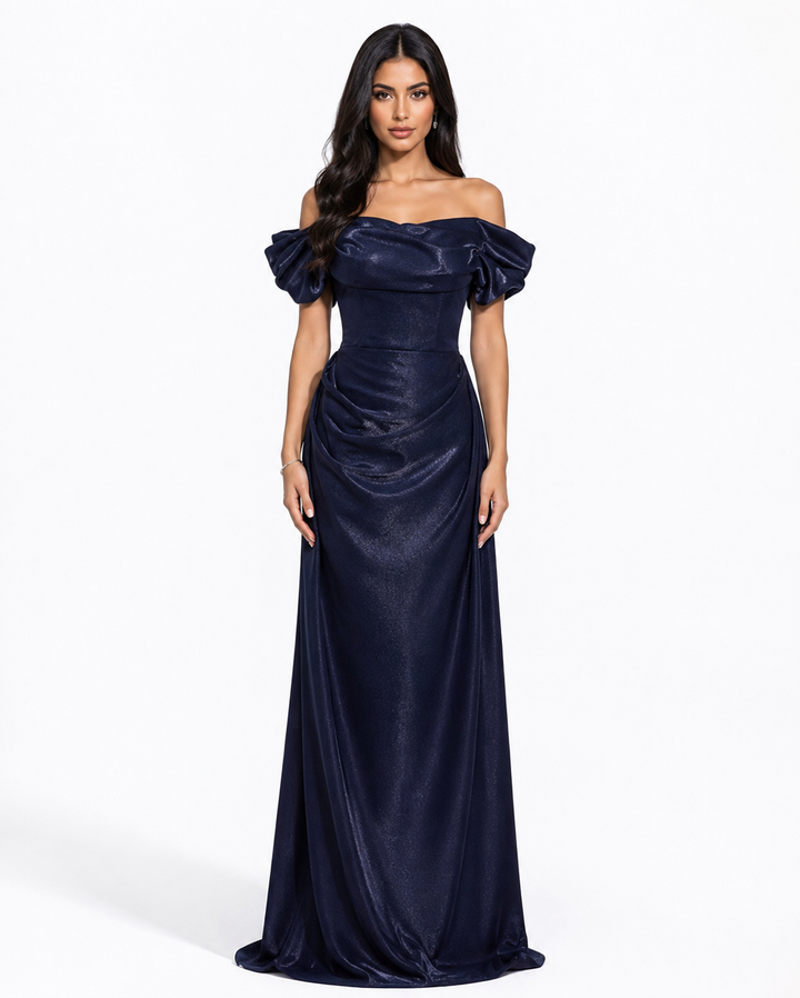 Off-Shoulder Satin Evening Gown - Midnight