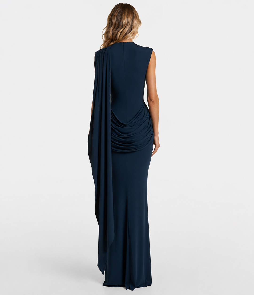 Midnight Blue Draped Cape Evening Gown - Valentina