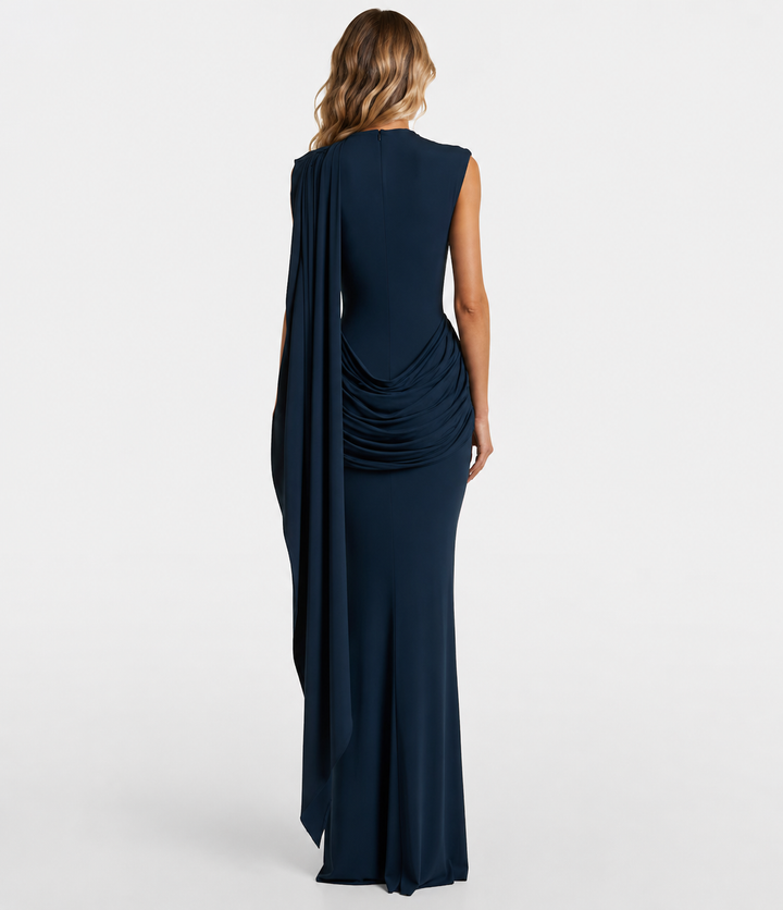 Midnight Blue Draped Cape Evening Gown - Valentina