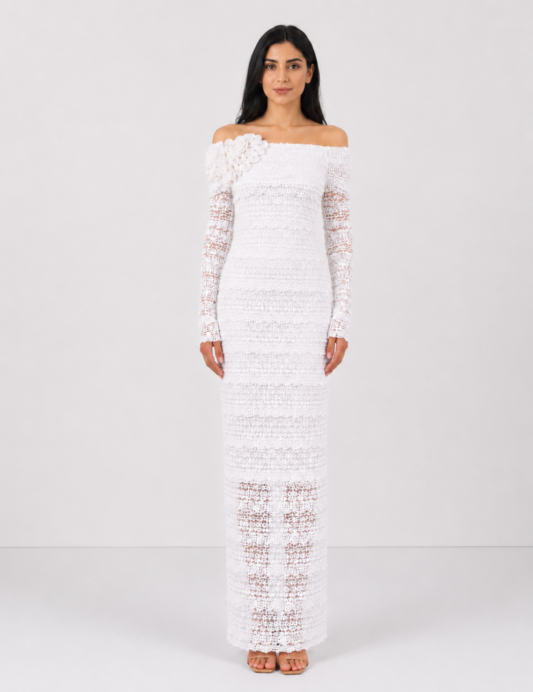 Rosette Lace Off-Shoulder Maxi Dress — Mocha