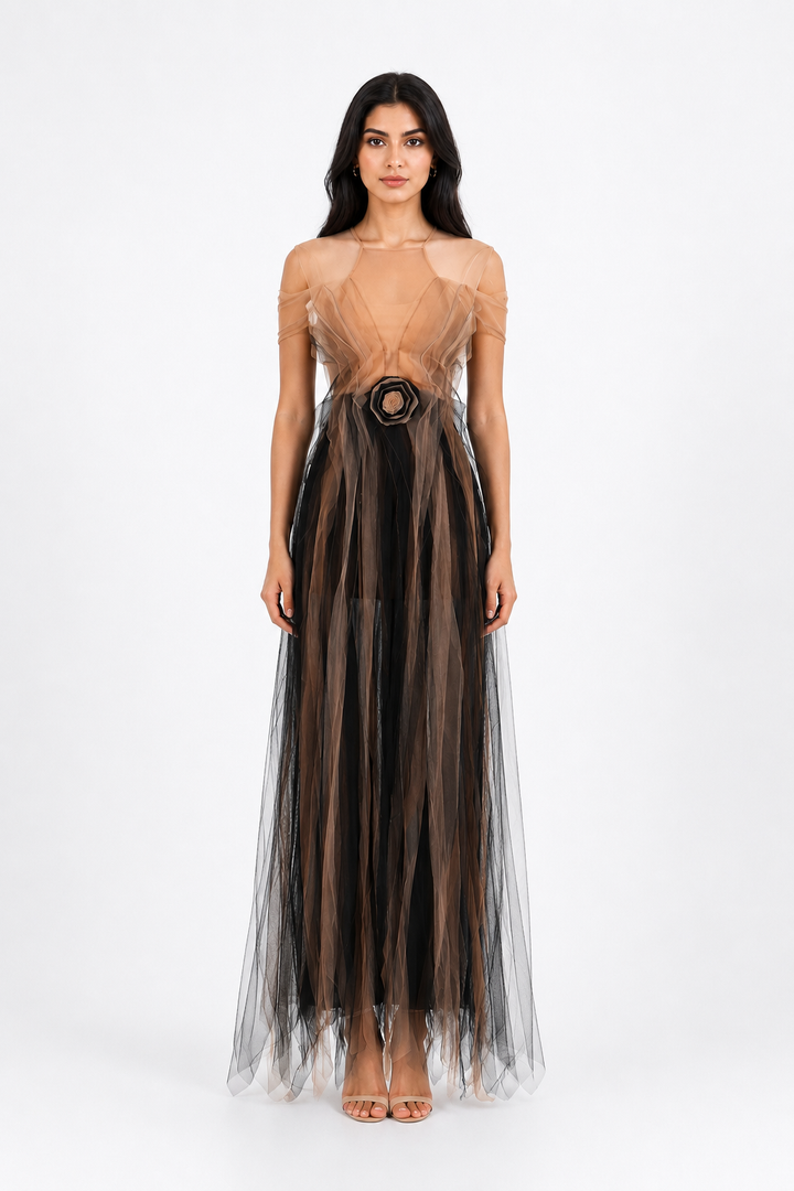 Illusion Tulle Evening Gown - Mocha