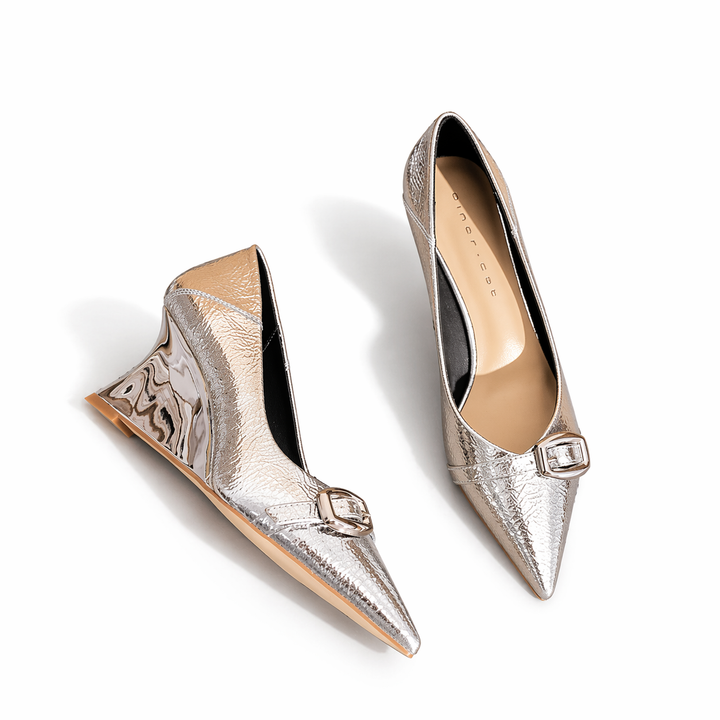 pointed toe metallic wedge pumps with buckle detail – LUMIA