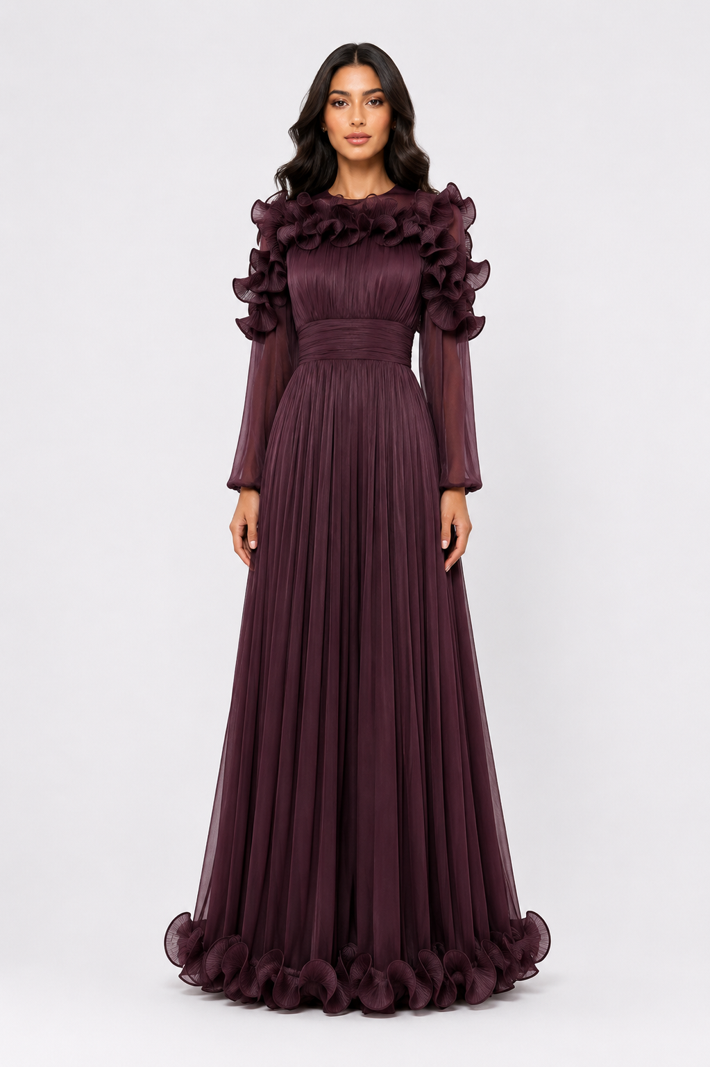 Ruffled Pleated Chiffon Maxi Dress - Midnight