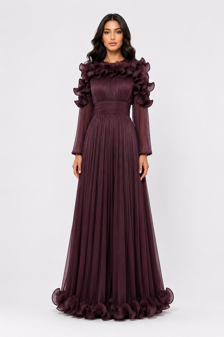 Ruffled Pleated Chiffon Maxi Dress - Midnight