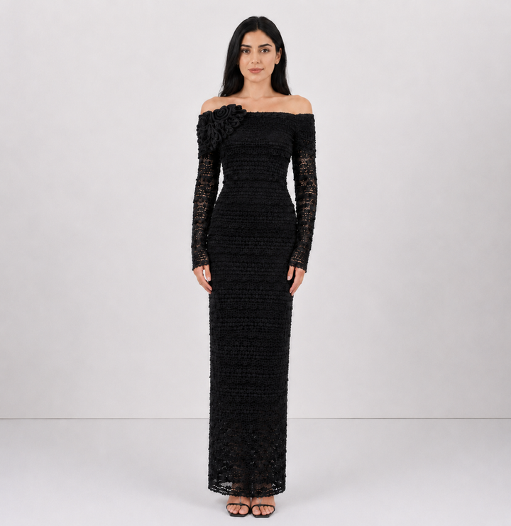 Rosette Lace Off-Shoulder Maxi Dress — Mocha
