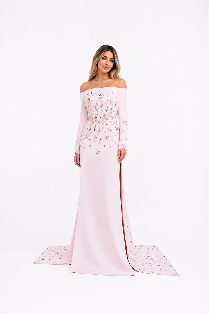 Blush Pink Crystal Embellished Off-Shoulder Evening Gown – LAVÉRA