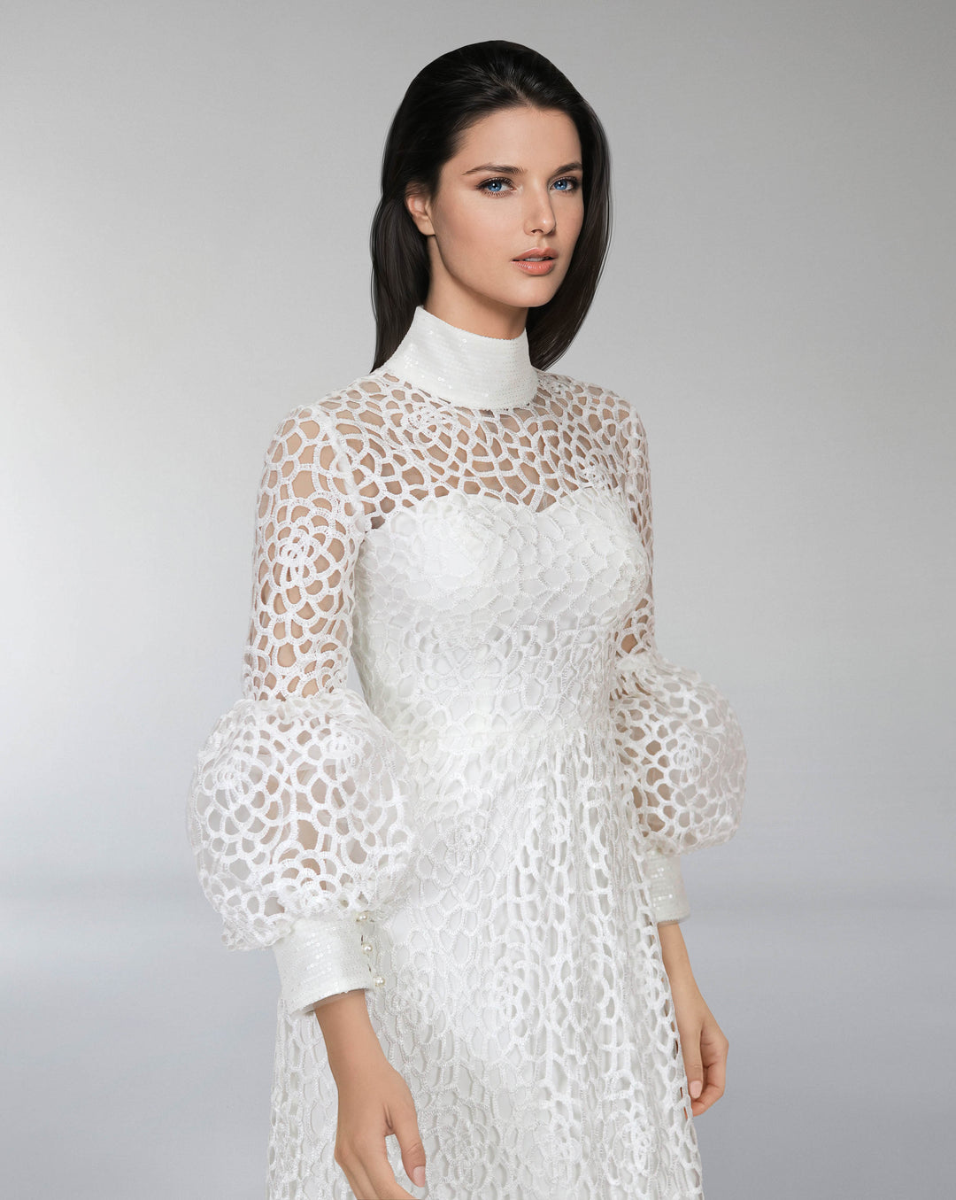 laced column dress with puffed sleeve