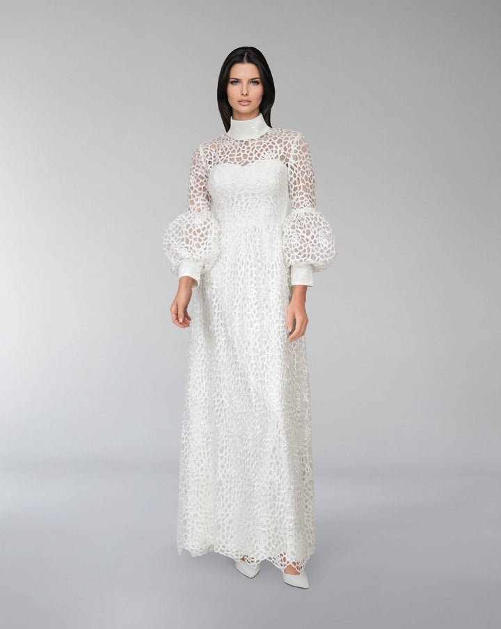 laced column dress with puffed sleeve