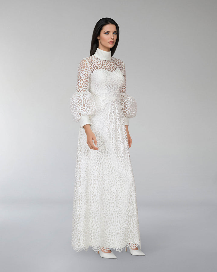 laced column dress with puffed sleeve