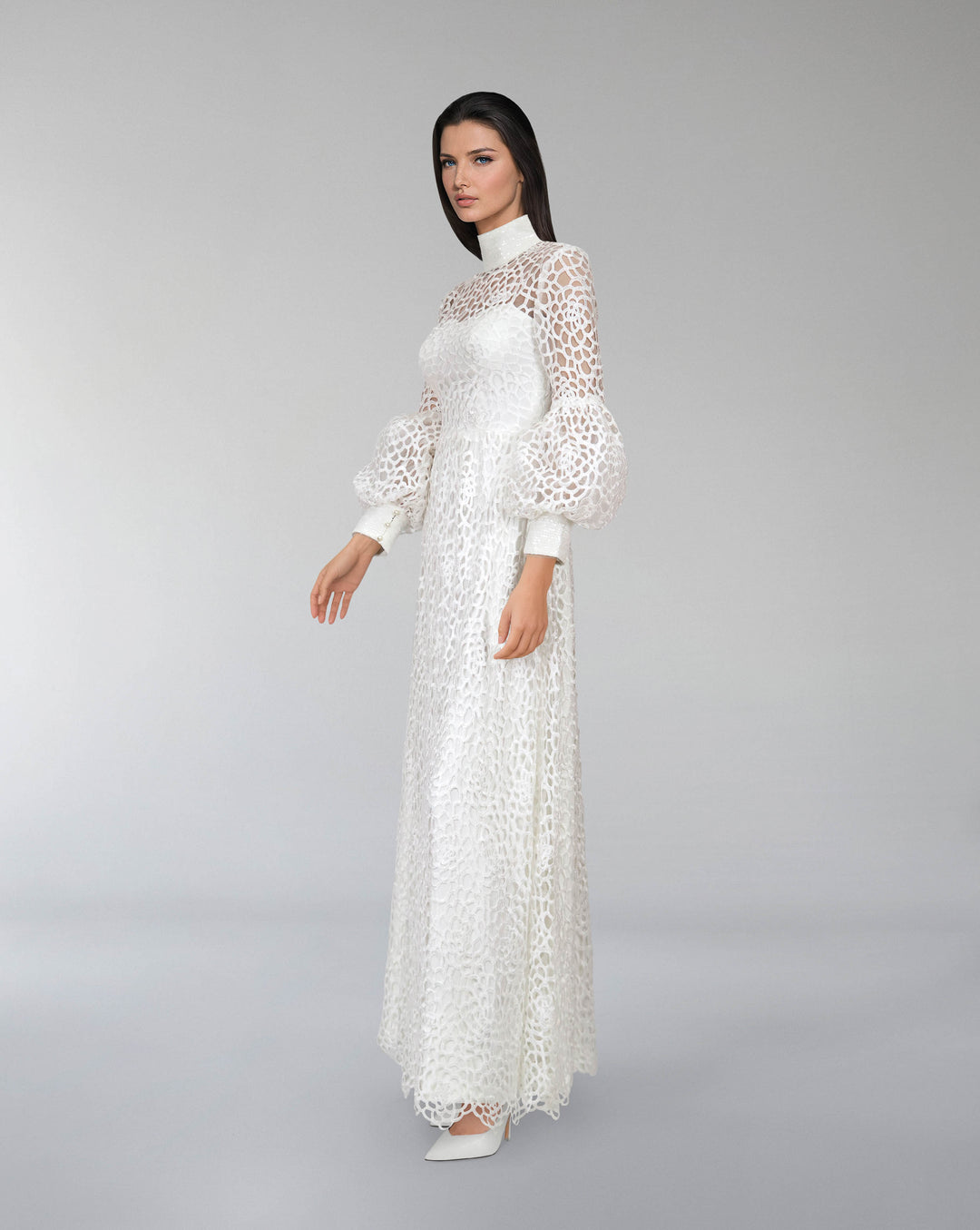 laced column dress with puffed sleeve