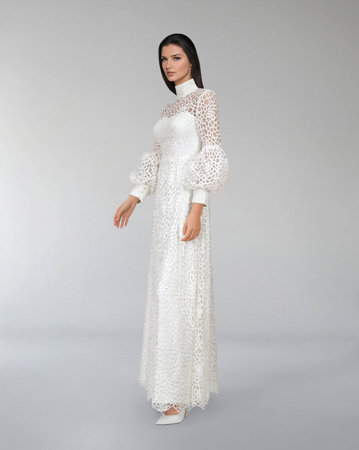 laced column dress with puffed sleeve