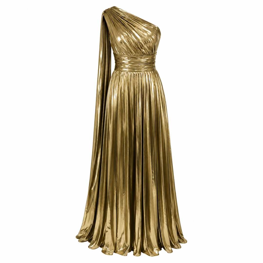 One-Shoulder Metallic Pleated Evening Gown - Radiance
