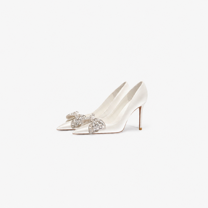 satin pointed-toe heels with crystal bow embellishment – AURELIVIA