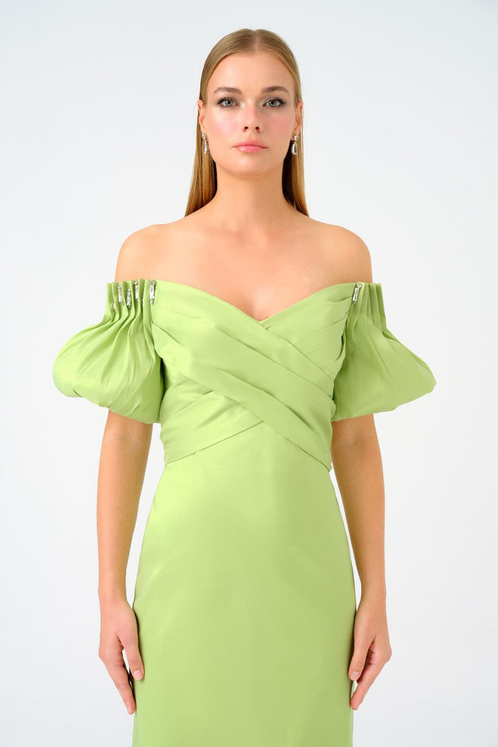 off-shoulder satin gown with puff sleeves – AURELIA