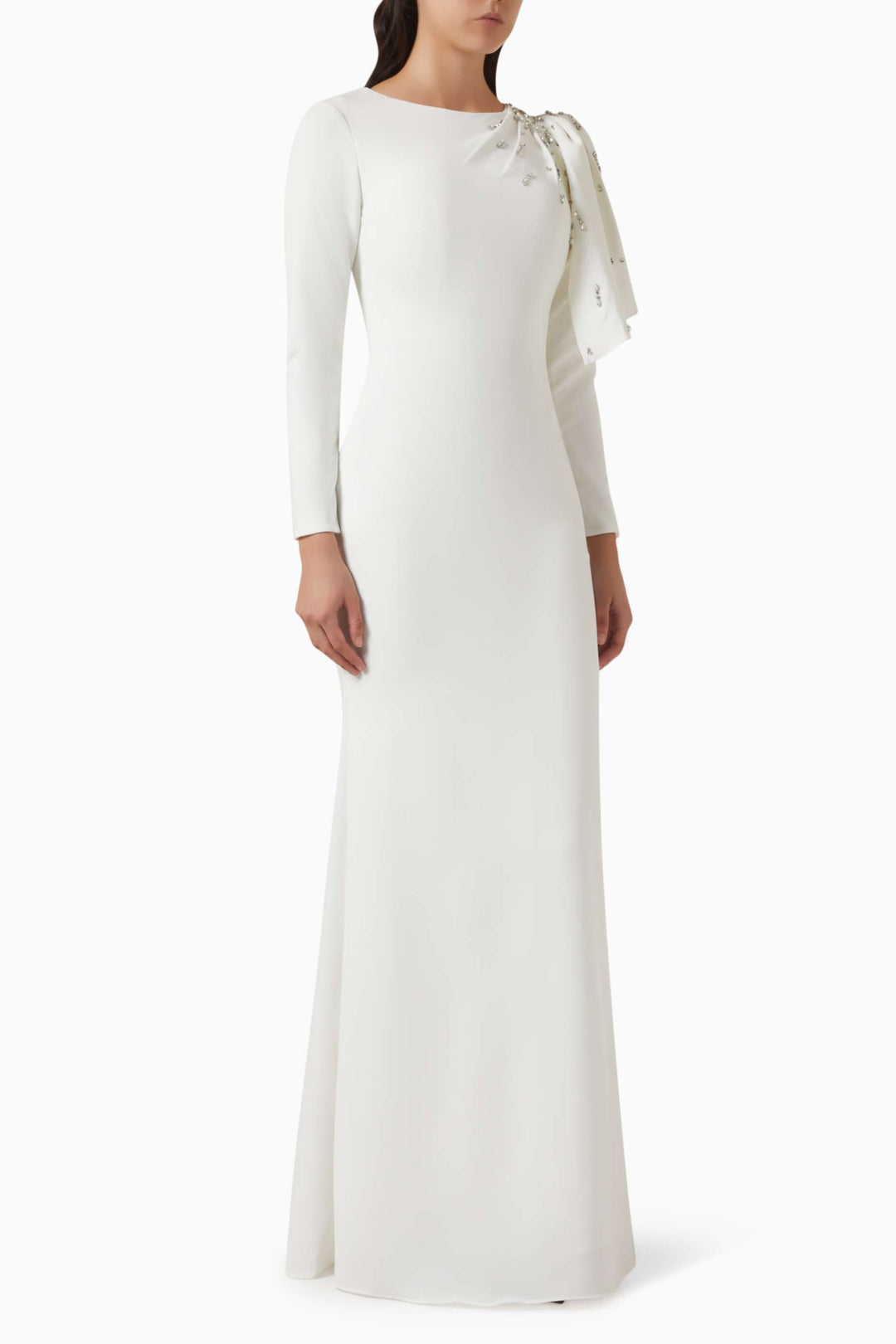 embellished draped-shoulder column gown – RUBINA