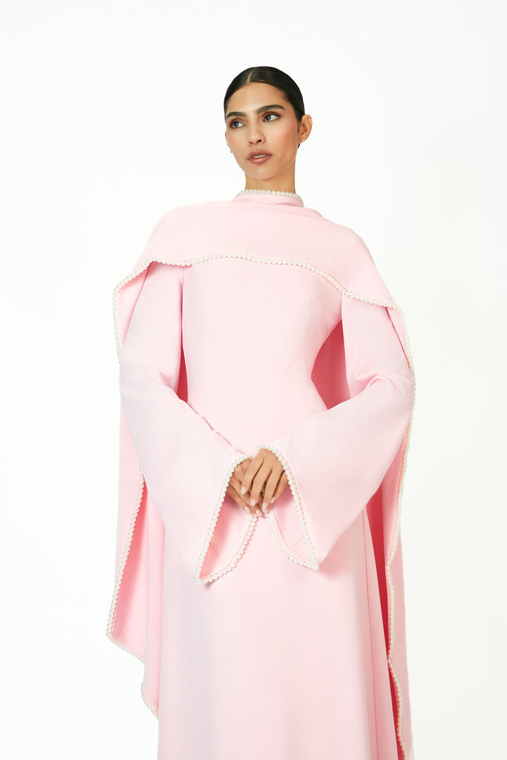 long-sleeve gown with draped pearl-trimmed cape – IVORY GRACE