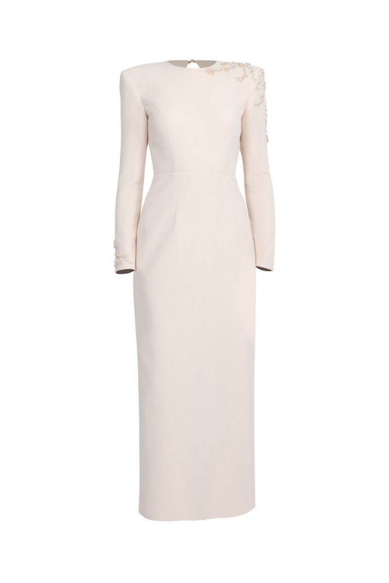 long-sleeve column gown with embellished shoulder – OPALE