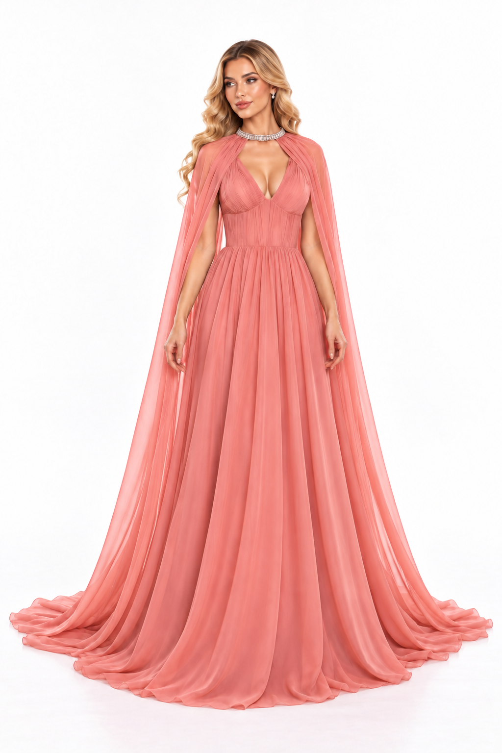 Pleated V-Neck Cape Gown - Rosewood