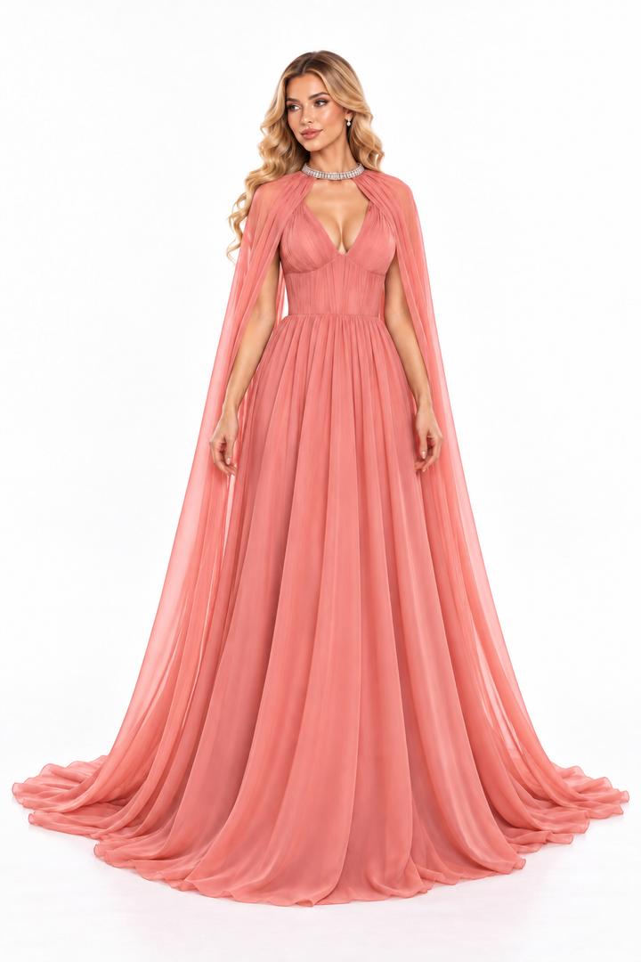 Pleated V-Neck Cape Gown - Rosewood