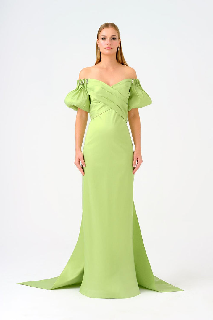 off-shoulder satin gown with puff sleeves – AURELIA