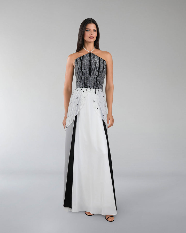 beaded dress with halter neckline and layered skirt