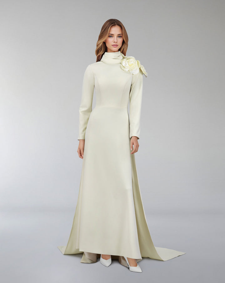 long sleeve dress with crumpled high neck and 3D flowers