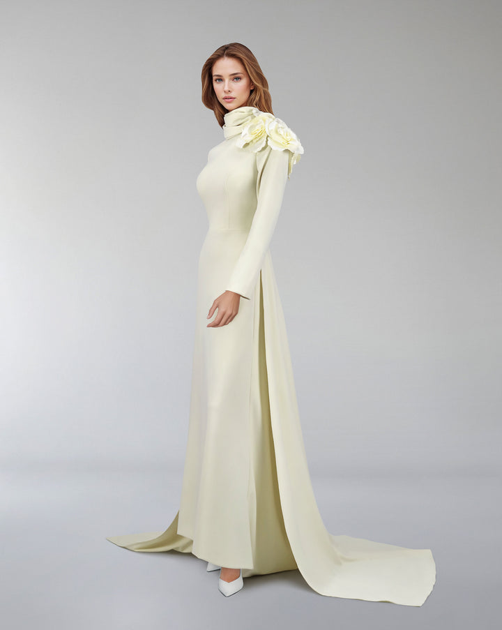 long sleeve dress with crumpled high neck and 3D flowers