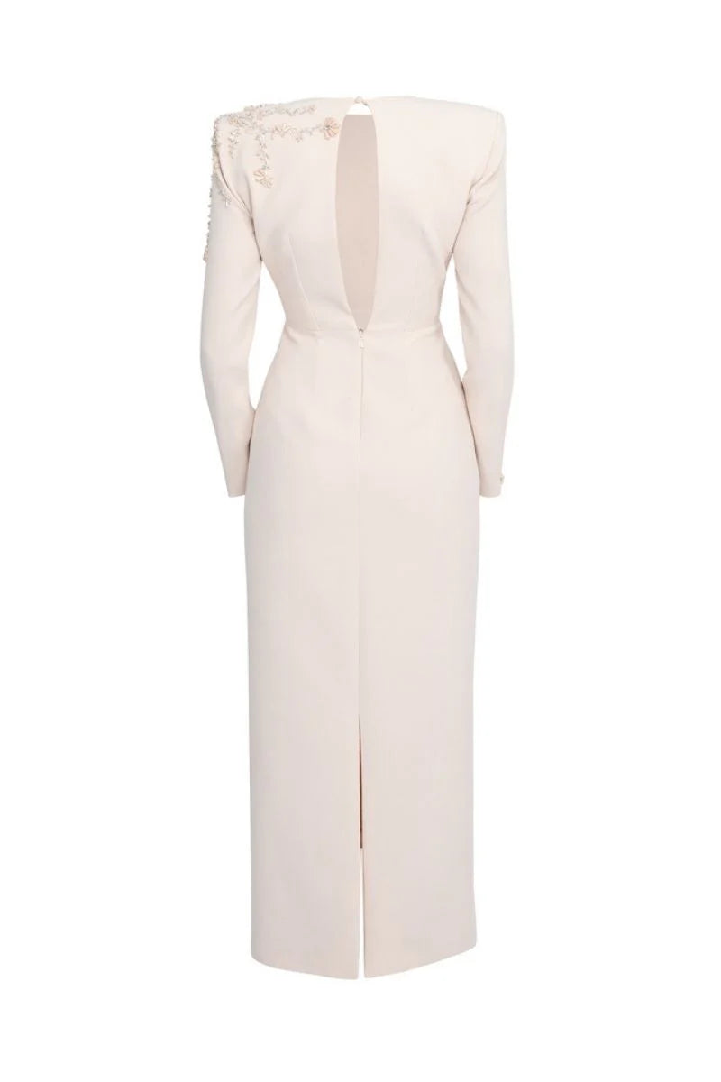 long-sleeve column gown with embellished shoulder – OPALE