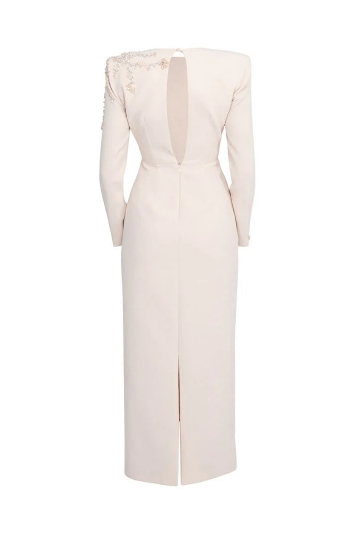 long-sleeve column gown with embellished shoulder – OPALE