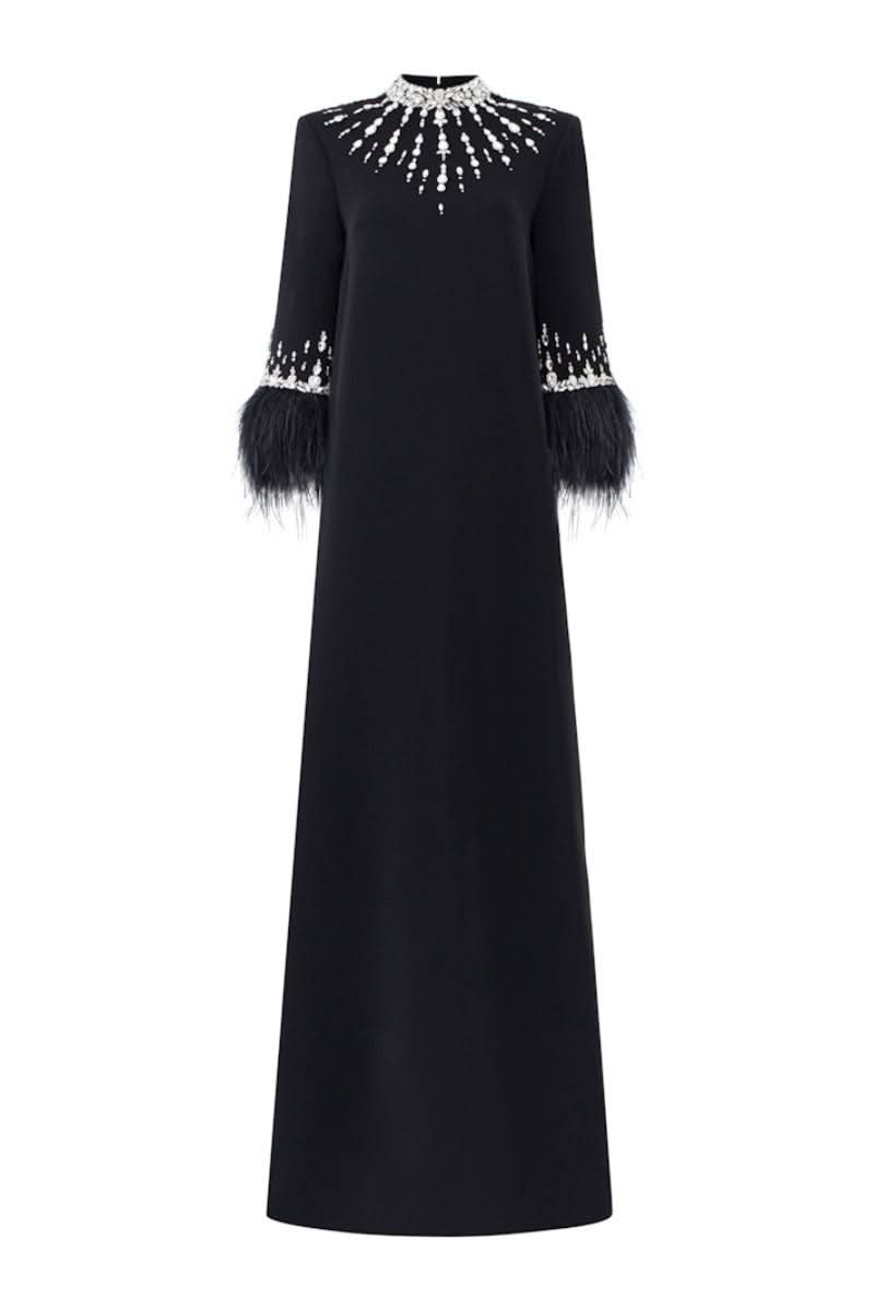 embellished column gown with feather-trimmed sleeves – NOIRÉ
