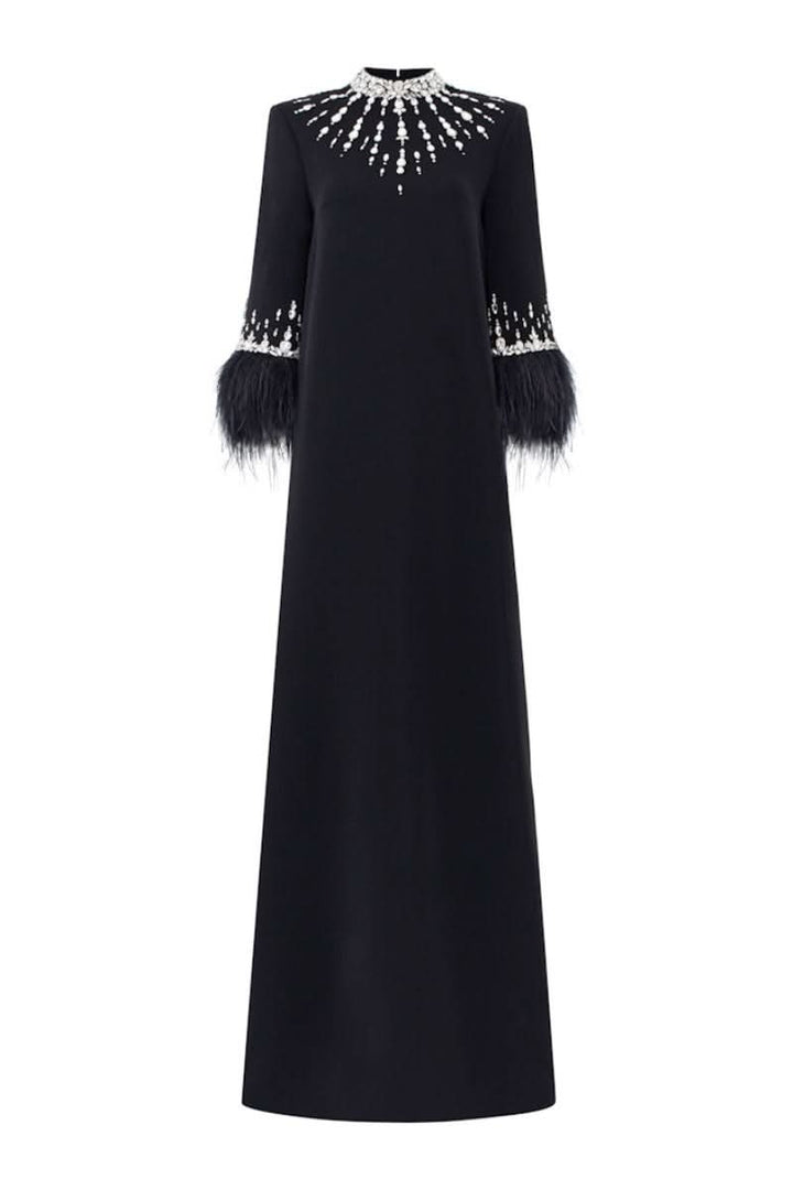 embellished column gown with feather-trimmed sleeves – NOIRÉ