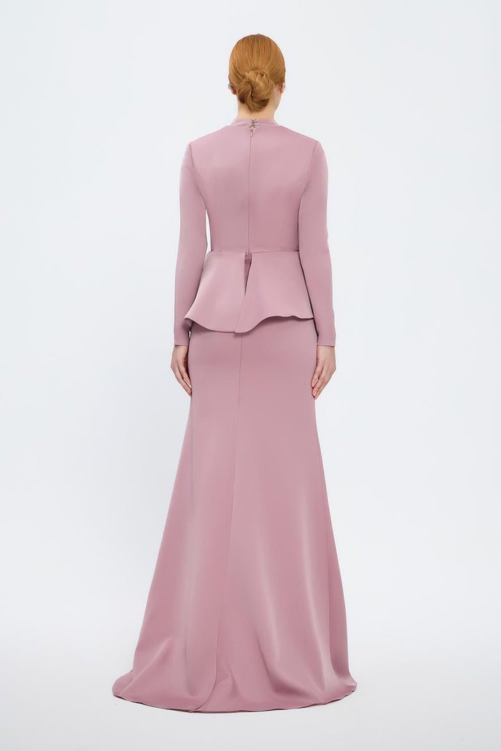 long-sleeve peplum gown with crystal draping – SERENE