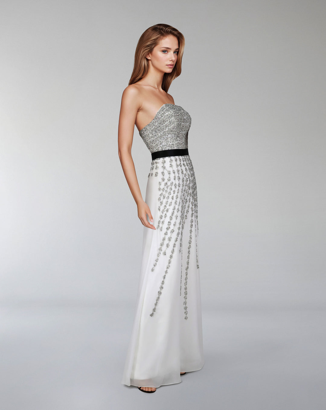 strapless beaded dress with waistband