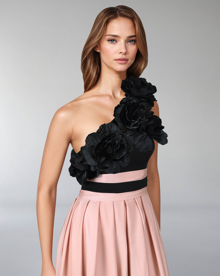 Shoulder off bicolour dress with 3D flowers