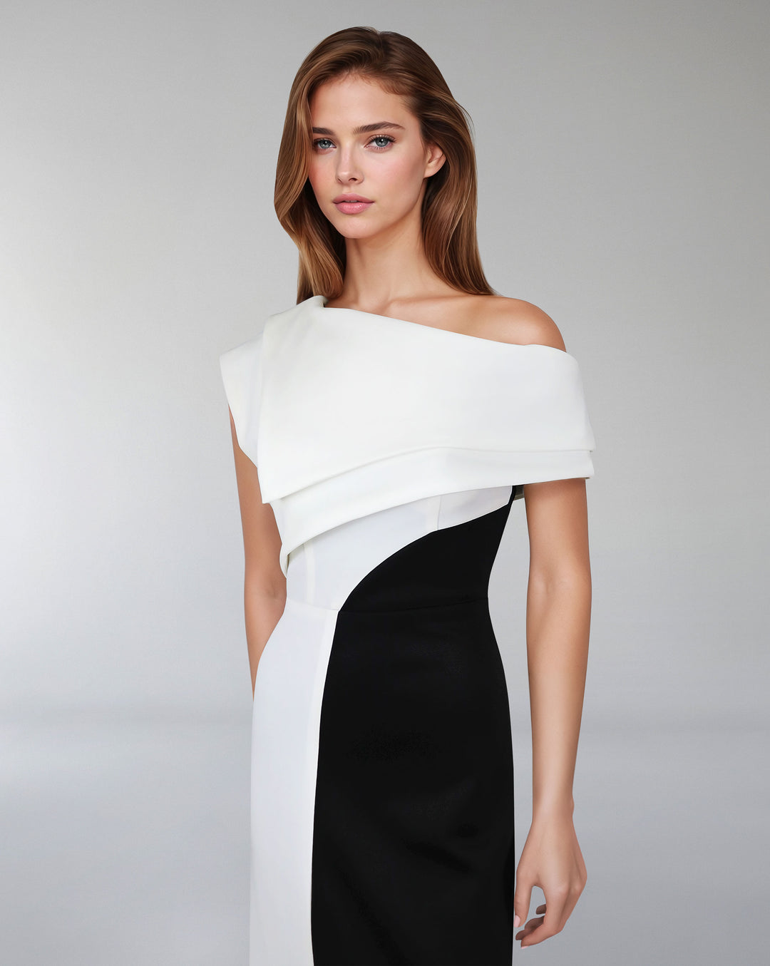 Shoulder off bicolour dress with geometrical shapes