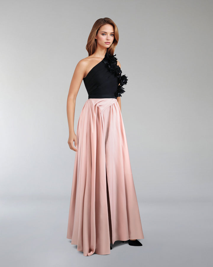 Shoulder off flowered dress with draped skirt