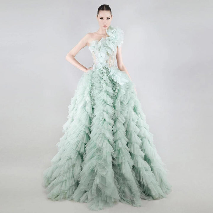 one-shoulder ruffled tulle ball gown – Zarlish