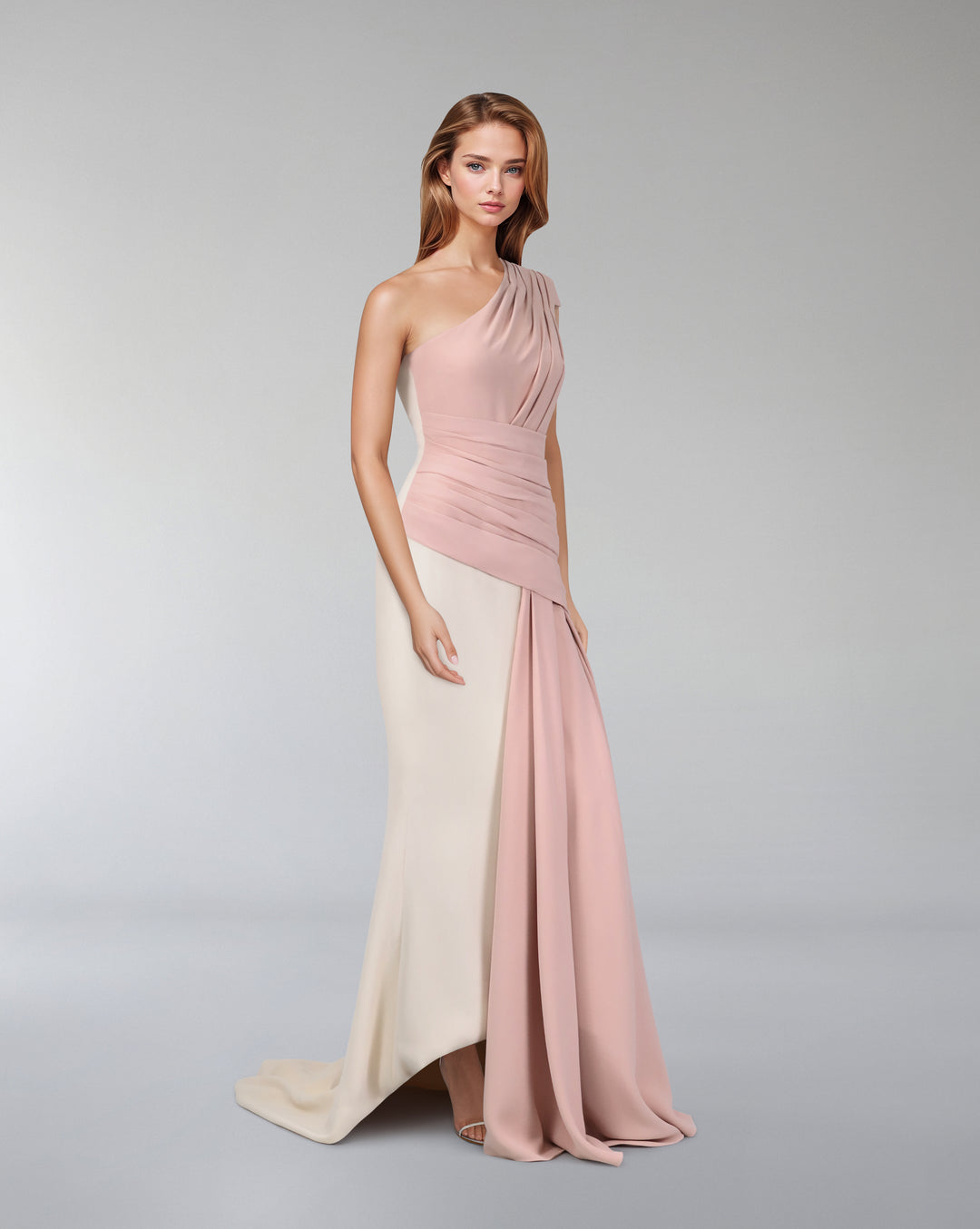 Bicolour draped dress with shoulder off