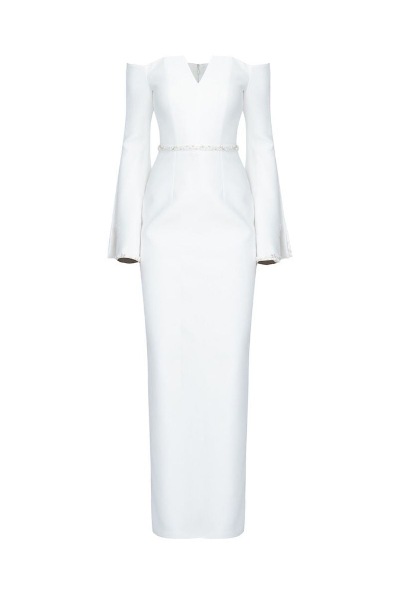 off-shoulder column gown with flared embellished sleeves – IVORYE