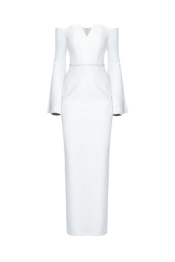 off-shoulder column gown with flared embellished sleeves – IVORYE