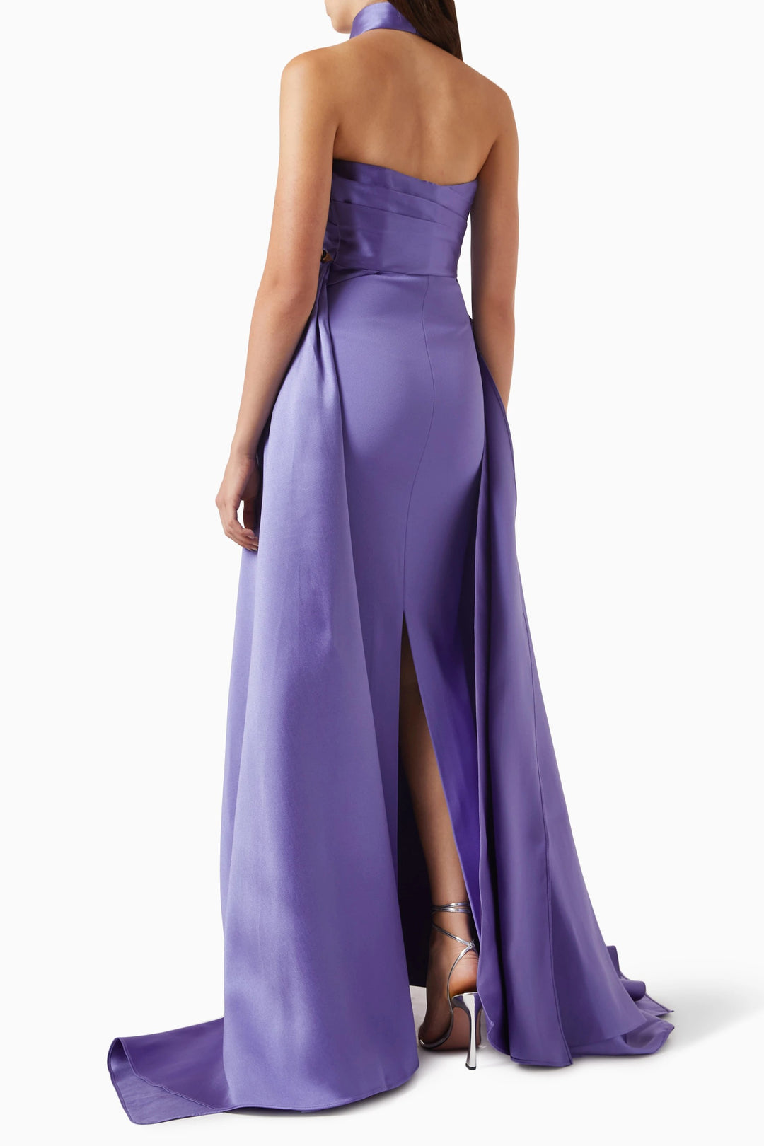 halter-neck satin gown with draped overlay – SCARLET
