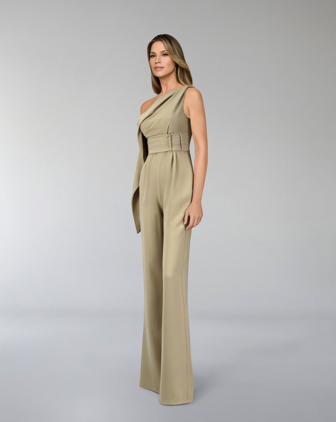 Shoulder off jumpsuit with pleated waistband