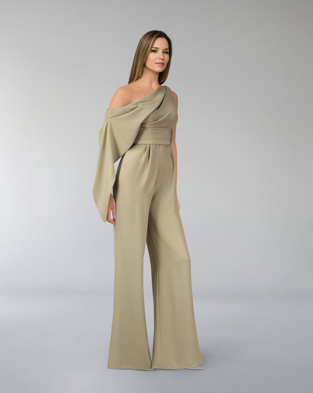 Shoulder off jumpsuit with pleated waistband